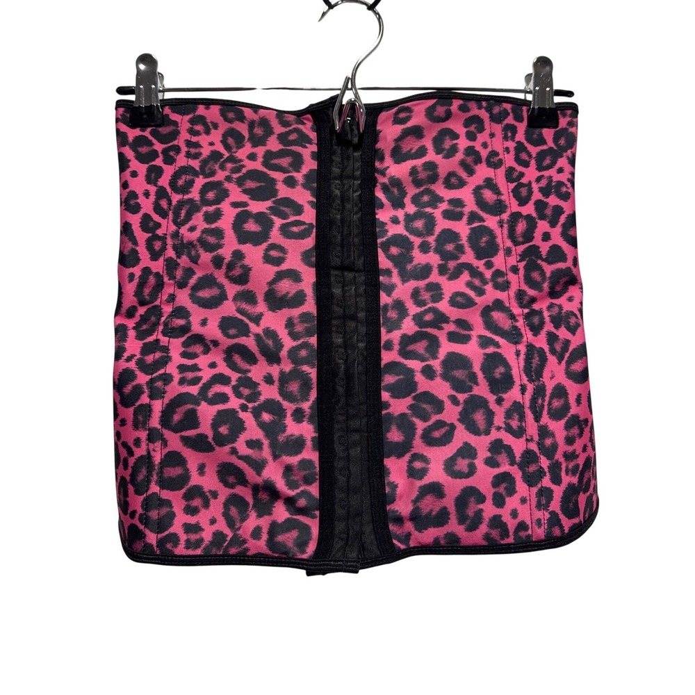 Pink Leopard Print Latex Corset Cincher Triple Hook Eye Closure Small
